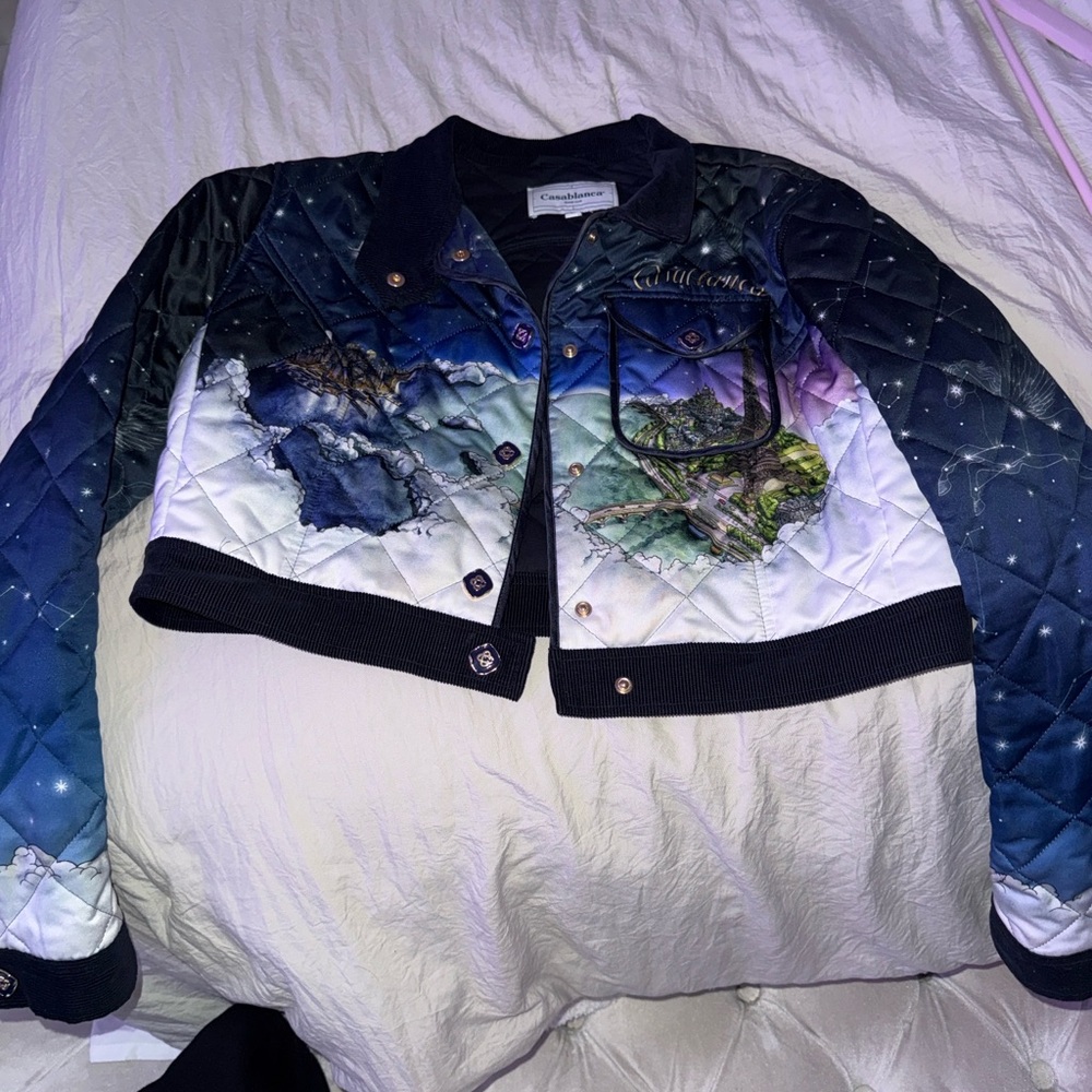 Designer Quilted Bomber Jacket in Blue and White